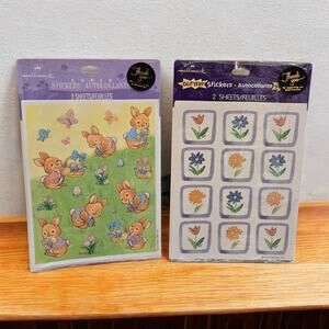 NEW Vintage Hallmark Glitter Stickers Bunny Rabbits Easter Egg Hunting & Flowers